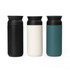 A drink bottle set featuring three thermoses in black, white, and teal, each with a black lid and branding.
