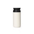 A drink bottle in white with a black lid, featuring a sleek, modern design and a logo.
