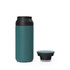 A drink bottle in teal with a black lid, featuring a separate black cap and a logo.