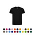 A black kids' t-shirt with a crew neck, featuring a range of colour options below. Includes a logo.