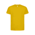 A yellow kids’ t-shirt with short sleeves and a round neck. It features a logo on the front.