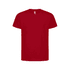 A red short-sleeved T-shirt featuring a logo on the front.