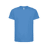A blue t-shirt with short sleeves and a simple design. The shirt features a logo on the label.