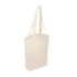 A cream hemp tote bag with a gusset, featuring long handles and a simple design. Includes a logo on the side.