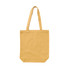 A yellow canvas tote bag with two shoulder straps and a simple design. It features a logo.