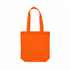 An orange canvas tote bag with long handles. It has a simple design and features a logo.