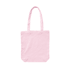 A pink canvas tote bag with long handles and a blank surface. It has a simple design and features a logo.