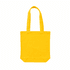 A yellow canvas tote bag with two shoulder straps and a plain design. It features a logo on one side.