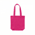 A pink canvas tote bag with two handles and a rectangular base, featuring branding on one side.