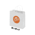 A medium white kraft paper bag with twisted paper handles and a circular logo design.