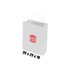 A small white kraft paper bag with twisted paper handles and a logo on the front.
