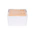 A white cooler box with a wooden lid featuring two drink holders and a smooth design, including a logo.