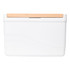 A white cooler box with a wooden lid, featuring a smooth, wavy design and a simple logo.
