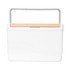 A white cooler box with a wooden handle, featuring a smooth, wavy design. It has a logo on the front.