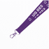 A purple lanyard with a swivel clip, featuring a logo and a smooth finish.
