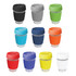 A collection of reusable coffee cups in various colours with silicone lids and bands, featuring a logo on each cup.