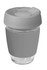 A drink cup featuring a clear glass body with a grey silicone lid and band, designed for reusable coffee.