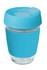 A reusable glass coffee cup in blue with a silicone lid and band, featuring a logo. Holds 350ml.