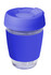 A drink bottle featuring a transparent glass body with a vibrant blue silicone lid and band.
