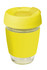 A drink bottle featuring a clear glass body with a bright yellow silicone lid and band. Suitable for hot beverages.