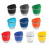 A collection of glass coffee cups in various colours with silicon lids and bands, featuring branding on some.