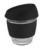 A glass coffee cup with a black silicone lid and band, featuring a transparent body. It has a sleek, modern design.
