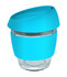 A glass coffee cup with a turquoise silicone lid and band, featuring a clear glass body.