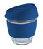 A glass coffee cup in blue with a silicone lid and band, featuring a logo. Holds 240ml.