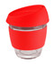 A glass coffee cup with a red silicon lid and band, designed for easy handling and spill prevention.