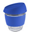 A glass coffee cup with a blue silicone lid and band, featuring a clear glass body and a logo.