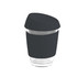 A reusable glass coffee cup in black with a silicone lid and band, featuring a logo.