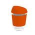 A reusable glass coffee cup with an orange silicone lid and band, featuring a transparent body and stainless steel band.