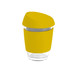 A reusable glass coffee cup in bright yellow with a silicon lid and band, featuring a transparent body.