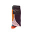 Crew sublimated socks in a multicolour design featuring shades of purple, orange, green, and blue, with a logo.