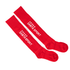 Knee high jacquard socks in bright red, featuring a logo on the front and ribbed cuffs.