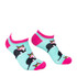 Ankle cut jacquard socks in mint green with pink accents, featuring playful cat designs.