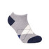 Ankle cut jacquard sock featuring grey, navy, and white colours with a geometric pattern and a logo.