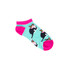Ankle cut jacquard socks in teal and pink with playful cat designs wearing glasses. Features a logo.