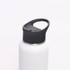A drink bottle in matte white with a black lid, featuring a logo on the body.