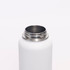A drink bottle in white stainless steel with a double wall design and a metallic opening, featuring a logo.