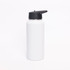 A drink bottle in white stainless steel, featuring a black lid and a logo. Double wall construction for insulation.