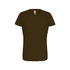 A women's essential tee in dark brown with a simple design and a logo on the label.