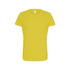 A yellow women's essential t-shirt featuring a classic crew neck and short sleeves, with a logo on the label.