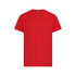 A red T-shirt made of cotton, featuring a crew neck and short sleeves, with a logo on the front.