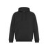 A black hoodie featuring a front pocket and drawstring hood, with a logo on the chest.