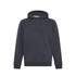 A dark grey hoodie with a front pocket and a drawstring hood. The product features a logo on the tag.