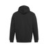 A black hoodie with a spacious hood and ribbed cuffs, featuring a logo on the back.