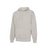 A grey hoodie with a front pocket and a drawstring hood. It features a logo on the front.