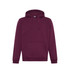A maroon hoodie featuring a kangaroo pocket and a drawstring hood, with a logo on the front.