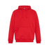 A red hoodie with a front pocket and drawstrings. It features a logo on the front.